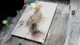 (815) Soft and Subtle Pink and Gold Acrylic Pour Painting with Mixed Media