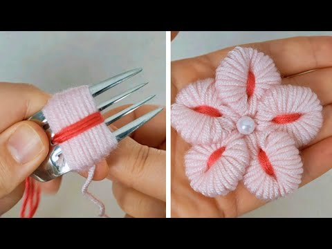 Super Easy Woolen Flower Making Trick with Fork - Hand Embroidery Designs - Amazing Trick -DIY Craft