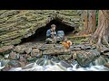 Building complete and warm survival shelter | Bushcraft cave in the cliff & fireplace with clay