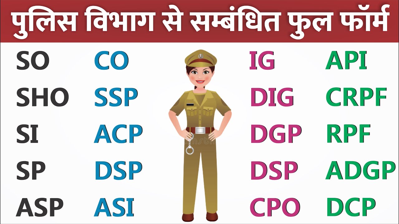 Police Department Related Full Form of DSP, DCP, SP,SO, SHO, SI, ACP, SSP, DGP, ASP, ASI, IG, DIG