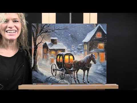 WINTER HORSE AND CARRIAGE-How to Draw and Paint with Acrylics-Beginner Acrylic Painting Tutorial