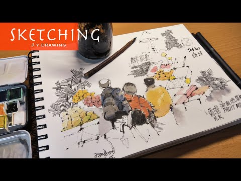 枯枝筆、水彩速寫藝術創作：香港油麻地水果欄 ｜ 素描、寫生