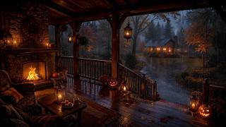 NO ADS🔕🌧️🎃 Cozy Halloween Rain Night | Rain Sounds Outside the Porch, Fireplace &amp; Wind Ambience 💤