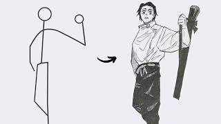 How to Draw Yuta Okkotsu Full Body from Stickman | Easy Step by Step | Jujutsu Kaisen