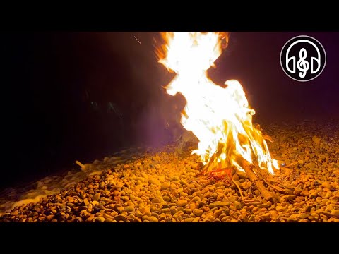 Relaxing Sound of a Campfire on Beach. Night Sounds of Waves of Sea and Fire.