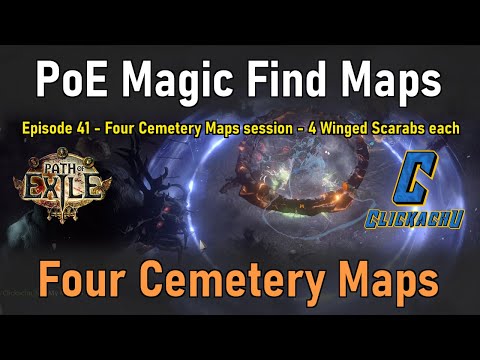 PoE Magic Find Maps (41) 👾 Four Cemetery 8-modded Maps session - 4 Winged Scarabs each 🪲🪲🪲🪲 MF Build