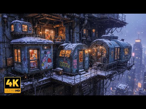 Lo-fi Chill Beats ❄️ Cozy Cyberpunk Winter Cabins Above Neon City | Study, Relax & Sleep | 4K