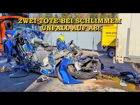 [Two dead in horrific accident] - Car crushed between two trucks | Major emergency operation on A8