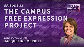 Video thumbnail of, "Episode 53: The Campus Free Expression Project with Special Guest Jacqueline Merril." Shows picture of woman smiling with graphical text on a purple background.