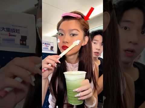 She used matcha whipped cream as makeup on the train 🍵❤️#shorts #funny #love