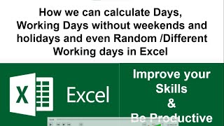 MS Excel Course|Calculate Days Working Days without weekends and holidays and Random days #exceltips