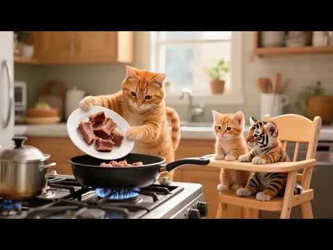 Ginger and Mama Cat Take the Injured Tiger Home, Treat Him and Make Ribs, Playing Soccer Together!