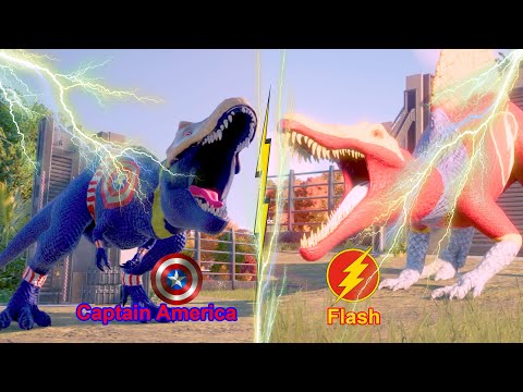 captain america tyrannosaurus rex vs flash spinosaurus battle in jurassic world