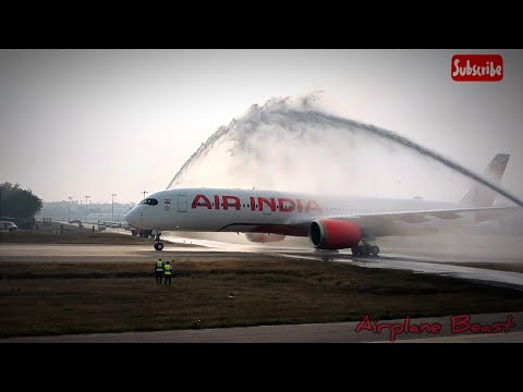 Historic Moment: Air India's Inaugural Airbus A350 Arrival in India with Water Cannon Salute!"