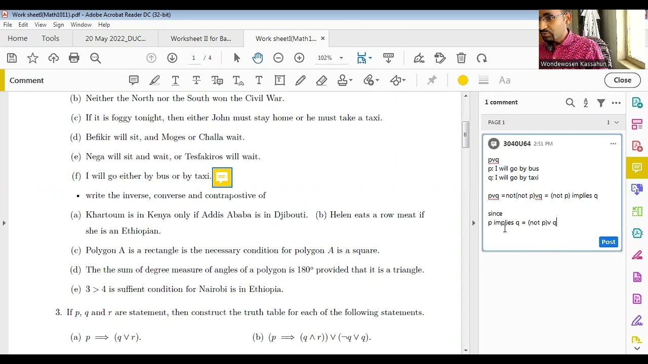 Logic and set theory worksheet problems and solutions