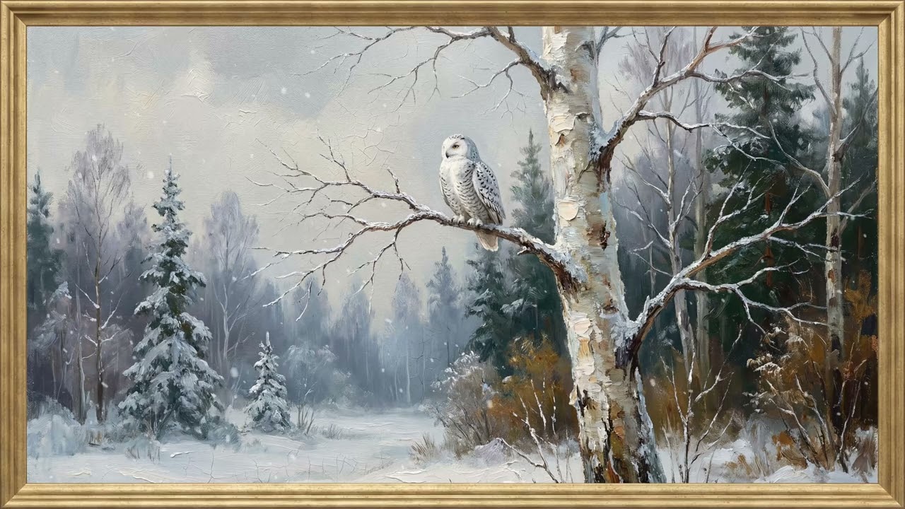 Animated Snowy Owl Birch in Winter Forest | Framed Art TV Wallpaper 4K | Oil Painting | 2 Hours