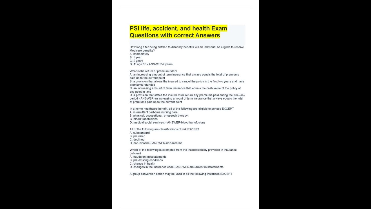 PSI life, accident, and health Exam Questions with correct Answers
