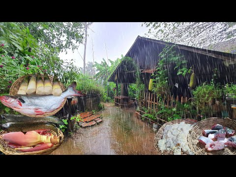Village cooking on a rainy day, fresh fish with organic vegetables