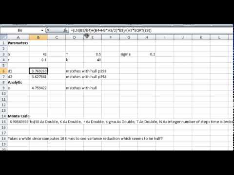 Call Options Example: Black-Scholes Implemented using Excel