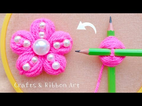 Amazing Woolen Flower Making Ideas with Pencil - Hand Embroidery Easy Trick - Sewing Hack