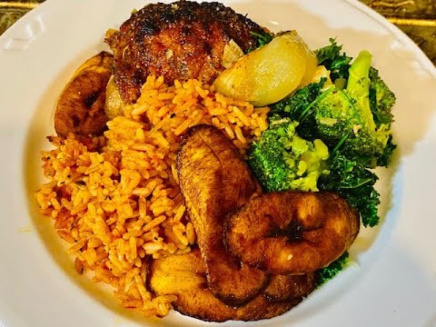Jollof Rice, Plantains, Greens & Roasted Tangy Chicken Thighs