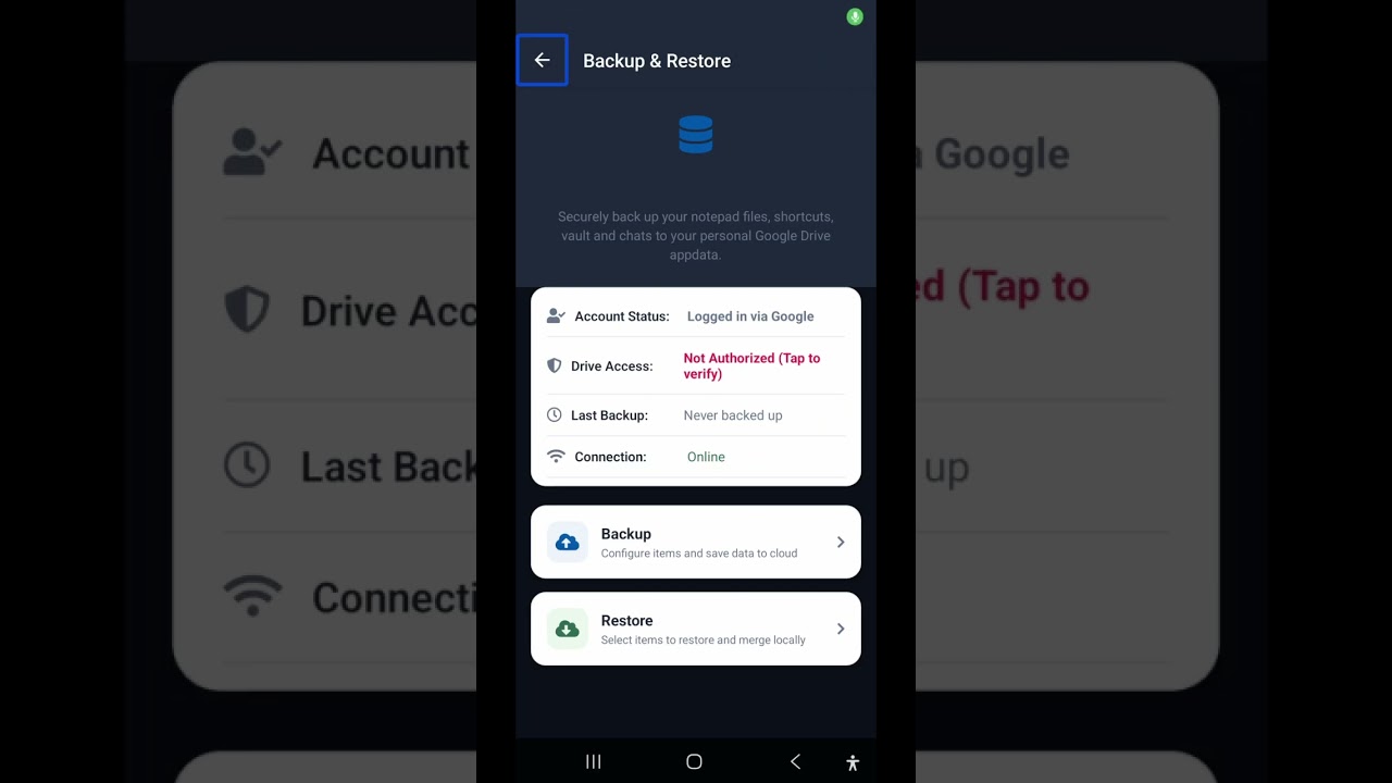Backup notes links on tech assistant for blind backup and restore setting explain very accessible 