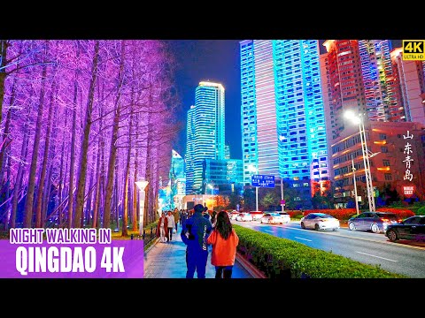 Caminhada Noturna de Qingdao | Centro Olímpico de Vela | Píer de Qingdao | 4K HDR | China | Qingdao | Centro de Vela Ou |