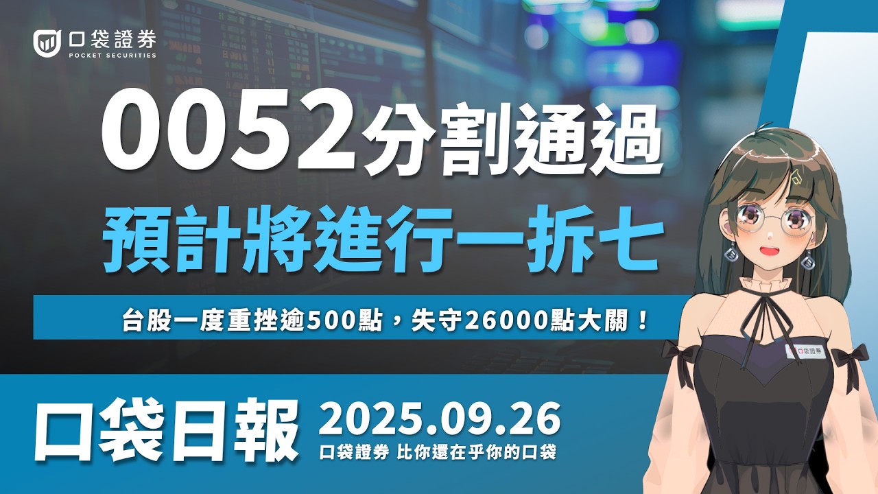 【口袋日報】0052分割通過!預計即將一拆七,台股一度重挫逾500點,失守26000點大關!2025.09.26