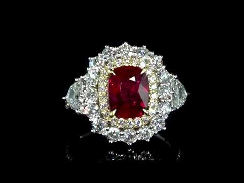GIA Certified 3.03ct Cushion Cut Unheated Ruby and Diamond Ring