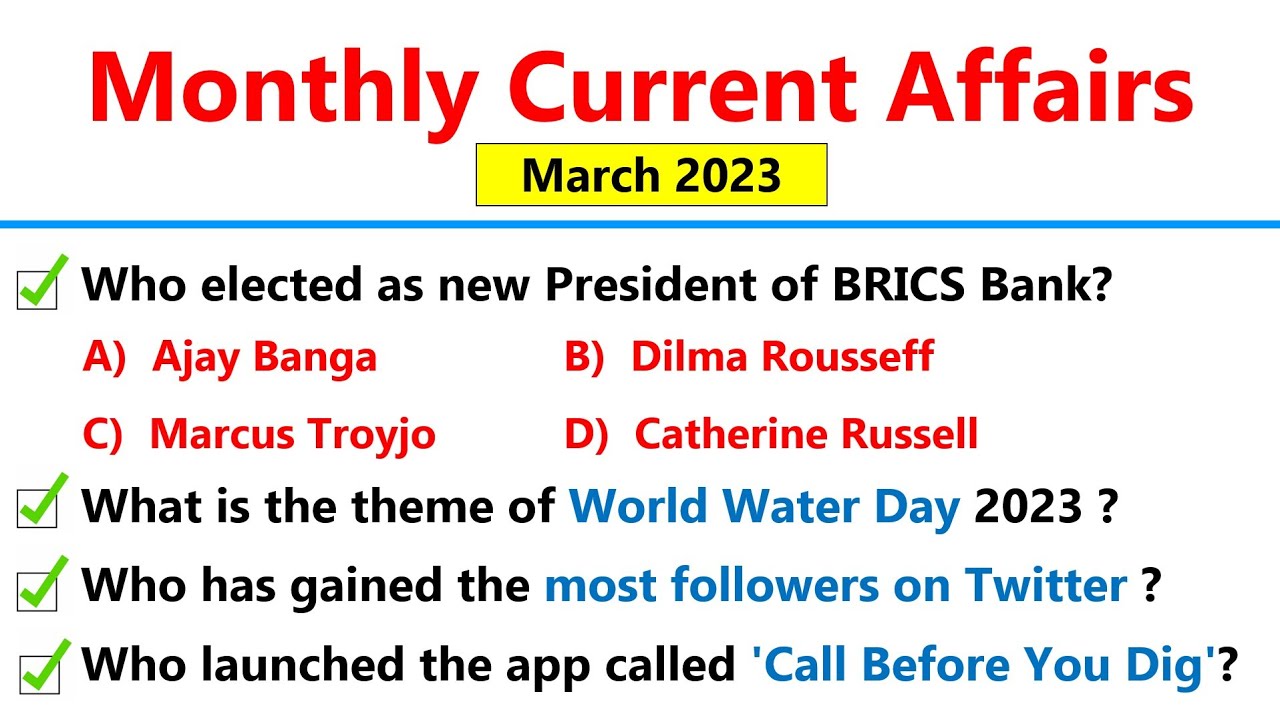 March 2023 Monthly Current Affairs | Top 50 MCQs | हिन्दी + ENG | Most IMP Current Affairs 2023