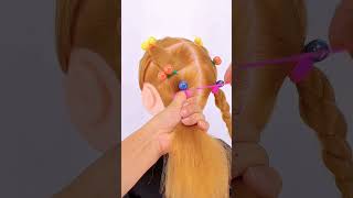 School hairstyle with cute ball hair ties #elasticband #rubberbandhairstyle #rubberband #hairdresser