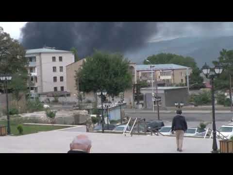 Smoke billows above Nagorno-Karabakh's main city Stepanakert after heavy shelling |