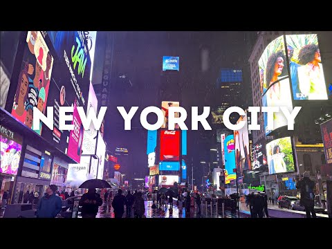Night Walk Times Square New York in Snow and Rain | NYC Ambience Virtual Tour 4K 60fps