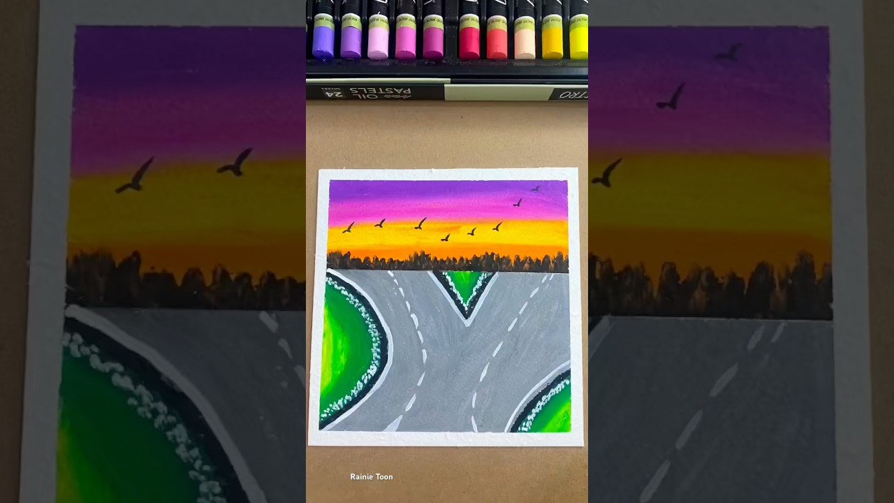 Easy Roads Painting | Oil Pastel Art #artshorts #easytutorial #acrylicpainting #oilpasteldrawing