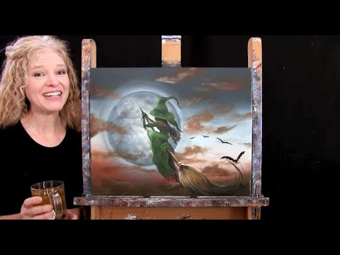 How to Draw and Paint Halloween "RIDE WITH A WITCH" - Paint & Sip at Home - Acrylic Painting Lesson