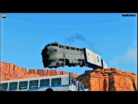 Beamng Trains vs Cliff Jump vs Bus Crashes Reverse#7 - BeamNG Drive || Trains vs Half Road