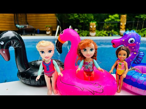 BARBIE - ELSA and ANNA toddlers POOL FUN ! - floaties race - fun challenge - water slide  - splash