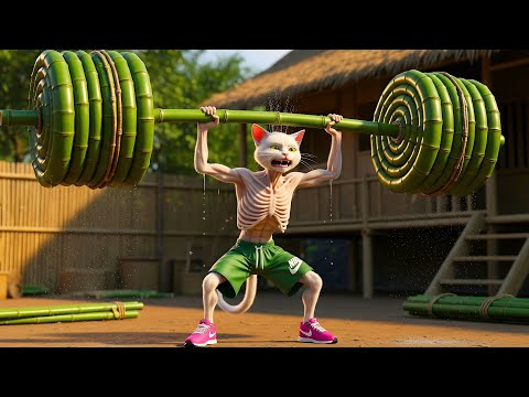 💪🎋🔥The Ending When Skinny Cat Lifts Giant Bamboo Weights 💪🎋🔥