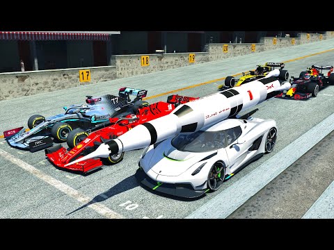 Koenigsegg Jesko with Saturn V Rocket Engine vs F1 2020 Cars - Drag Race 20 KM