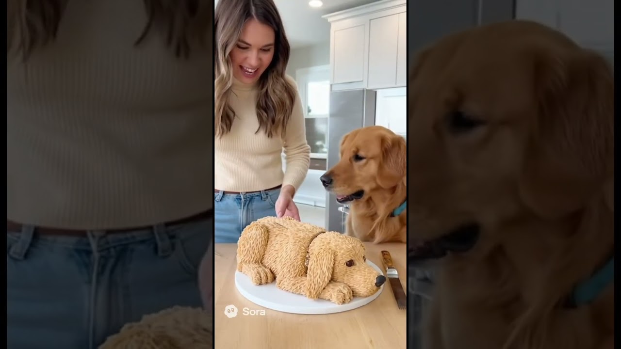 A woman is cutting cake shaped like a dog in front of her pet . See pets reaction 😃