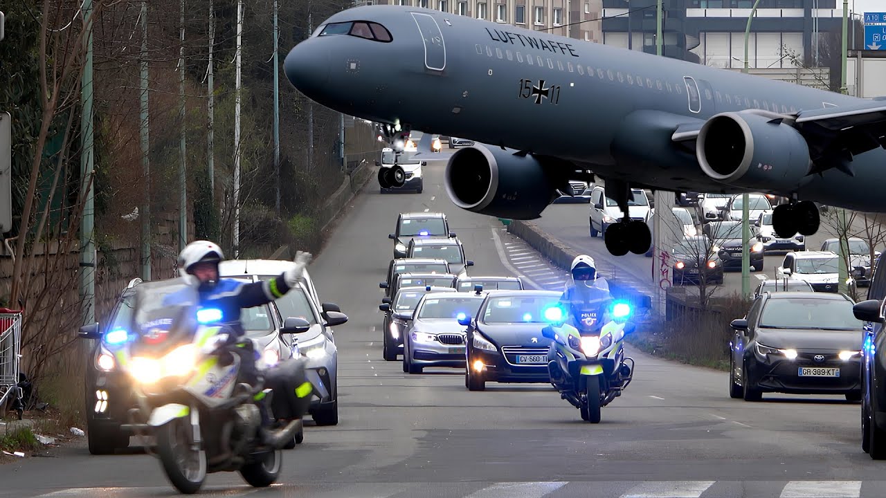 Convoy and Aircraft of German Chancellor Olaf Scholz During His Final Visit to France