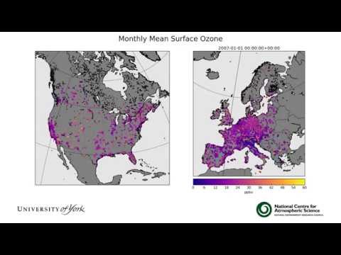 Monthly Mean Surface Ozone Observations 1971-2015 North America and Europe