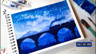 Easy Watercolor Monochrome Landscape Painting / Blue Landscape Painting Technique / Paint It