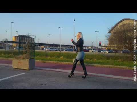 DANA LABO - SPRING CLOTHING, WALK, LEATHER JACKET, SHINY PVC BOOTS, OVERKNEE, HIGH HEELS, BLUE JEANS