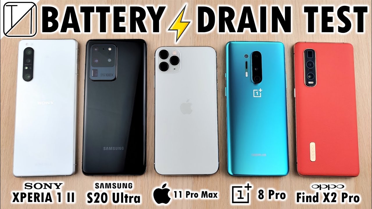 BATTERY DRAIN TEST - Sony Xperia 1 ii vs S20 Ultra / iPhone 11 Pro Max / OnePlus 8 Pro / Find X2 Pro