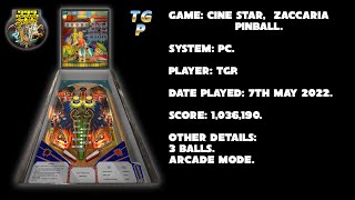 Cine Star - Zaccaria Pinball - Arcade mode, 3 balls - 1,036,190 points.