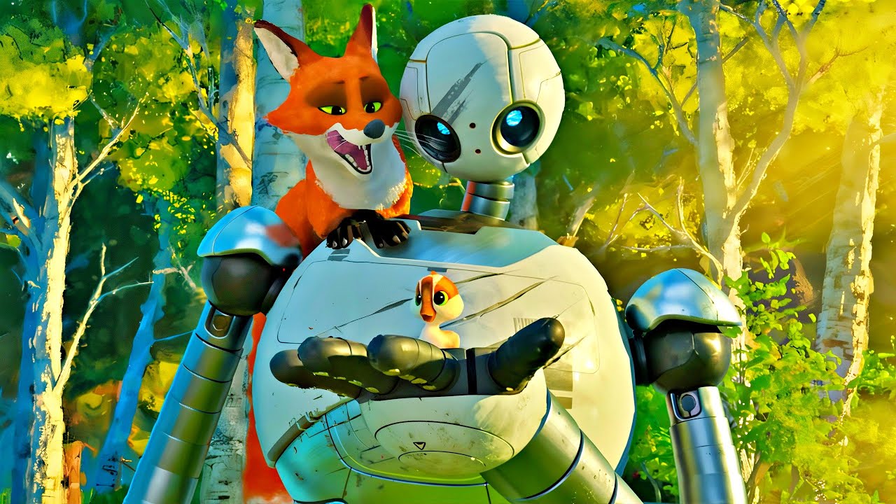 Un ROBOT est tombé sur une ÎLE pleine d'ANIMAUX SAUVAGES et doit SAUVER la vie d'un PETIT OISON