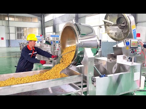, title : 'Fully Automatic Industrial Electric Induction Big Popcorn Machine 130Kg/h per unit -- full video'