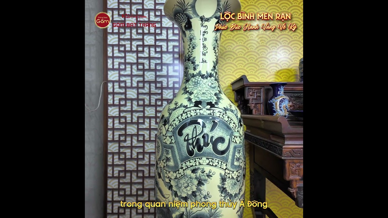 Lộc Bình 1M4 Men Rạn Phúc Đức Hanh Vàng Vẽ Kỹ