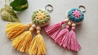 DIY Crochet Keychain from Leftover Yarn | Cute Flower & Tassels